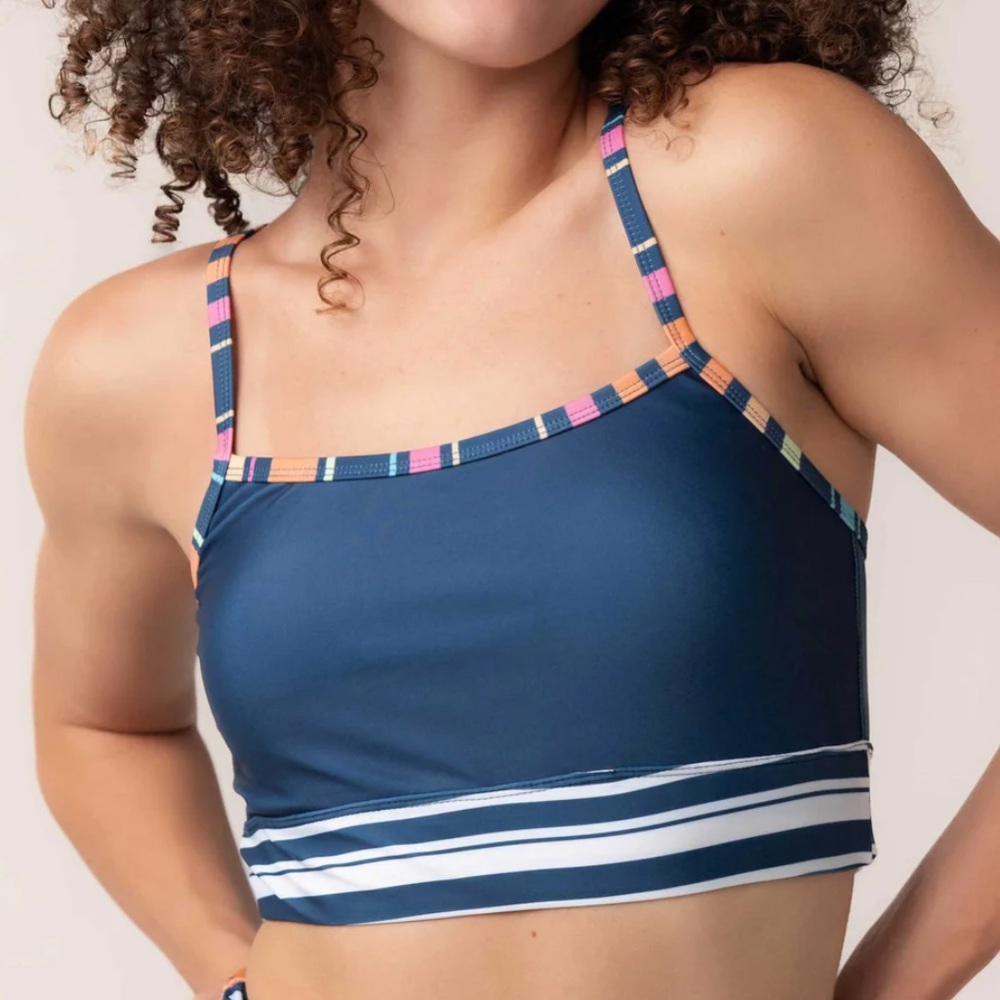 Colorblock Strappy Bikini Top - White with Teal, Red & Yellow Trim - Picture 4 of 5